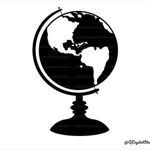 May include: Black and white silhouette of a globe on a stand. The globe shows the continents of North and South America, Africa, Europe, and Asia.