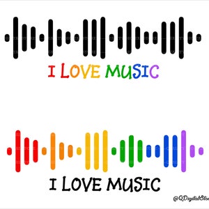 Puede incluir: Dos imágenes de un ecualizador de música con el texto "I Love Music" debajo. La primera imagen es en blanco y negro. La segunda imagen es un esquema de colores arcoíris.