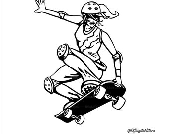 Dziewczyna na deskorolce Svg, Skater Girl Svg, Plik do cięcia, Cricut, Clipart, Sylwetka, Natychmiastowe pobieranie, Naklejki winylowe, Koszulki, Naklejki, Svg, PNG, JPG