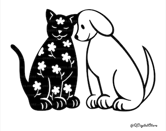 Dog and Cat Svg, Floral Cat Svg, Dog and Cat Clipart, Dog and Cat Silhouette Cut File, Dog-Cat Friendship, Svg,Jpg,Eps,Png,Jpg