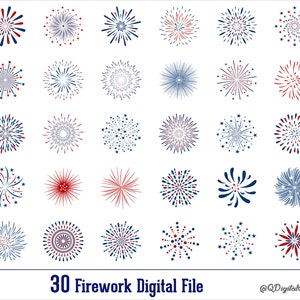 Può includere: Un set di 30 disegni digitali di fuochi d'artificio in rosso, bianco e blu. I fuochi d'artificio sono di varie forme e dimensioni, e alcuni hanno stelle.