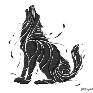Puede incluir: Una silueta en blanco y negro de un lobo aullando a la luna. El pelaje del lobo está estilizado con líneas y remolinos intrincados, creando un diseño único y artístico.