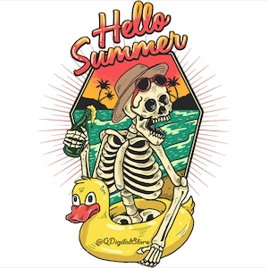 May include: A skeleton wearing sunglasses and a hat floats on a yellow rubber ducky with a beer in hand. The background is a sunset scene with palm trees and the text "Hello Summer".
