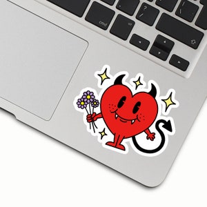Sticker coeur diabolique | Sticker vinyle Diable rétro | Sticker vintage démoniaque | Fleurs | Etoiles