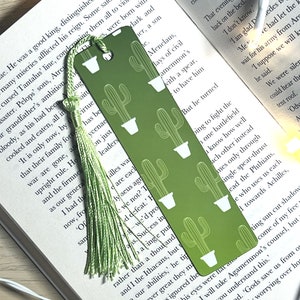 Cactus Bookmark with Tassel | Green Ombre White Cactus Outline Single-Sided Bookmark | Green Silk Tassel | Illustrated Metal Bookmark
