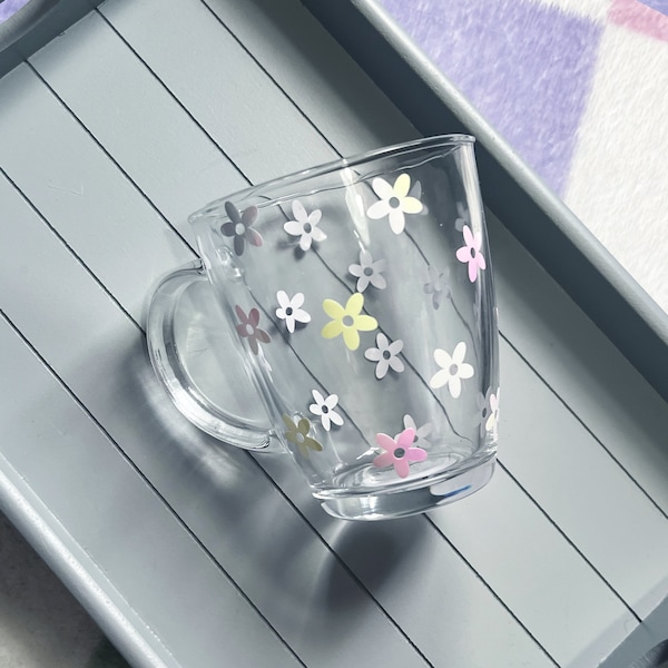 Floral Glass Mug | Cute Flowers Pastel Coloured Clear Mug | Reusable Trendy Flower Gift | Birthday Christmas Mother's Day Gifts