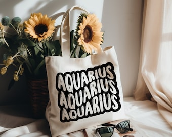 Zodiac Star Sign Tote Bag | Natural Cotton Zodiac Wavy Design Tote Bag | Y2K Funky Font Shoulder Bag | Back to School | Christmas Birthday