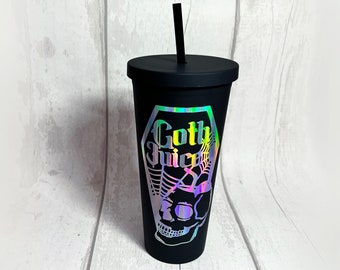 Black Holographic Goth Juice Reusable Cold Cup | Alternative Iridescent Skull Reusable Cup w/ Straw | Black Double-Walled Starbucks 24oz Cup