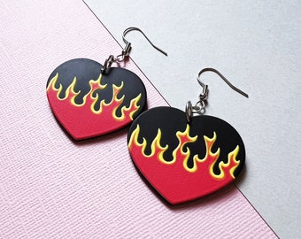 Hearts on Fire Earrings | Flame Heart Earrings | Fiery Jewellery Gift | Emo Gothic Jewelry Accessories | Red | Birthday Christmas Gifts