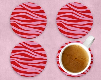 Pink & Red Zebra Print Coaster | MDF Coaster | Drinks Coaster Homeware Accessories Alternative | Modern Deco