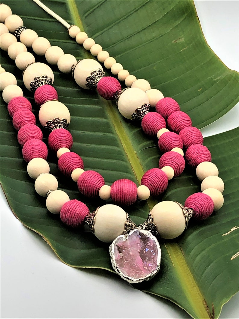 Raspberry Wood Beaded Statement Necklace with Pendant