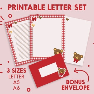 Kawaii Cute Teddy Bear Papelería imprimible Carta Set A5 A6 Carta / Conjunto de escritura / Sobre imprimible / Imprimibles / Forrado / Sin forro