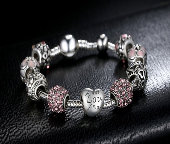 Pandora Style Pink and Silver Charm Bracelet, Complete with Charms, Silver Plated