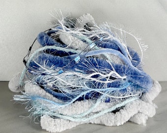 Art Yarn Bundle - GLACIER BLUE # 30 mini - Blue White Grey Silver - Mixed Media Fiber - 9 x 2 yards Bundle - 18 Yards TOTAL – Banner Fringe