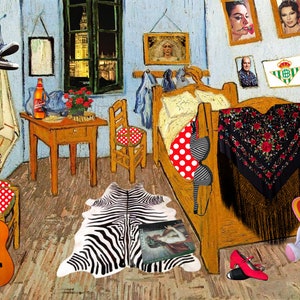 Puede incluir: Un dormitorio con una cama de madera, una guitarra, una alfombra de cebra y una almohada de lunares rojos y blancos. Hay fotos enmarcadas en la pared, incluida una de una mujer con una corona. La habitación está pintada de azul claro.
