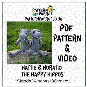 Felt hippo sewing pattern, hippopotamus, Handmade, Felt animal, Digital PDF Pattern with Video,Downloadable pattern,plush,Sewing tutorial