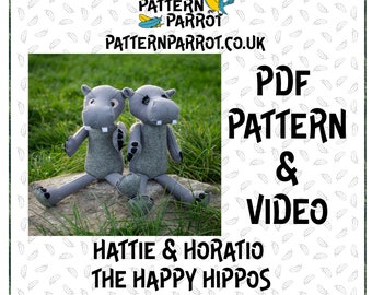 Cartamodello ippopotamo in feltro, ippopotamo, fatto a mano, animale in feltro, modello PDF digitale con video,modello scaricabile,peluche,tutorial di cucito