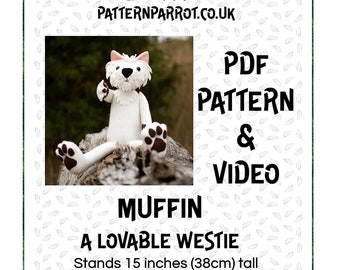 Cartamodello per cucire cane in feltro, Westie, Fatto a mano, Animale in feltro, Modello PDF digitale con video,Modello scaricabile,peluche,Tutorial di cucito