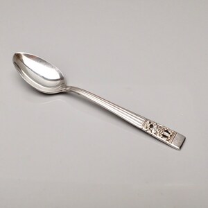May include: A silver teaspoon with an ornate design on the handle.