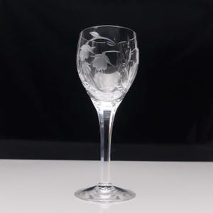 May include: A clear glass wine goblet featuring an etched floral design on the bowl. The stem is slender and transitions into a circular base. The etched pattern depicts delicate hanging bell-shaped flowers with thin stems and leaves.