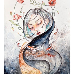 La sirène en fleurs : belle femme, portrait, art mural, carte postale, imprimé sur du papier aquarelle professionnel