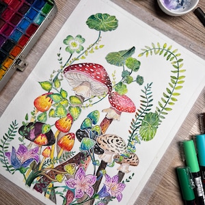 Colourful Mushroom Print, Wall art, watercolor paint, Mushroom poster