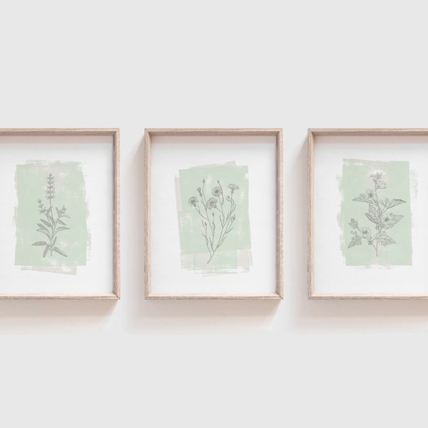 Set of 3 Boho-style Worn-Layered Paint Style Flower Prints  | Flower sketch distressed background | Mint Pastel Green Wall Prints