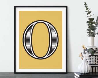 Traditional Letter Print | Black and White Monogram Detail Block Colour | Bedroom Lounge | Modern Monochrome Letter | Mustard Yellow