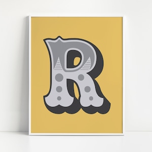 Carnival Letter Print | Mustard Yellow Circus Monogram Detail | Nursery Playroom Bedroom | Modern Block Colour Background | Christening Gift