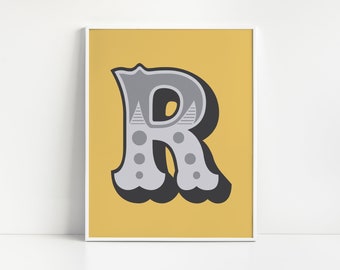 Carnival Letter Print | Mustard Yellow Circus Monogram Detail | Nursery Playroom Bedroom | Modern Block Colour Background | Christening Gift