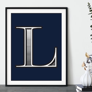 Traditional Letter Print | Black and White Monogram Detail Block Colour | Bedroom Lounge | Modern Monochrome Letter | Navy Blue | Dark Blue