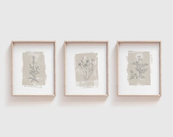 Set of 3 Boho-style Worn-Layered Paint Style Flower Prints  | Flower sketch distressed background | Beige Taupe Natural Wall Prints