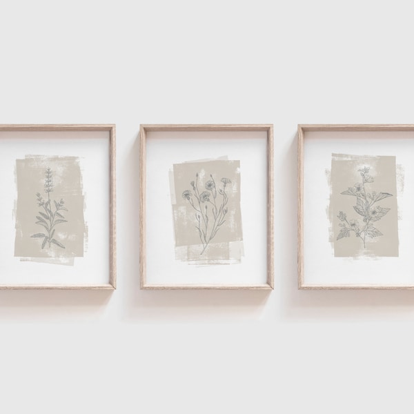 Set of 3 Boho-style Worn-Layered Paint Style Flower Prints  | Flower sketch distressed background | Beige Taupe Natural Wall Prints