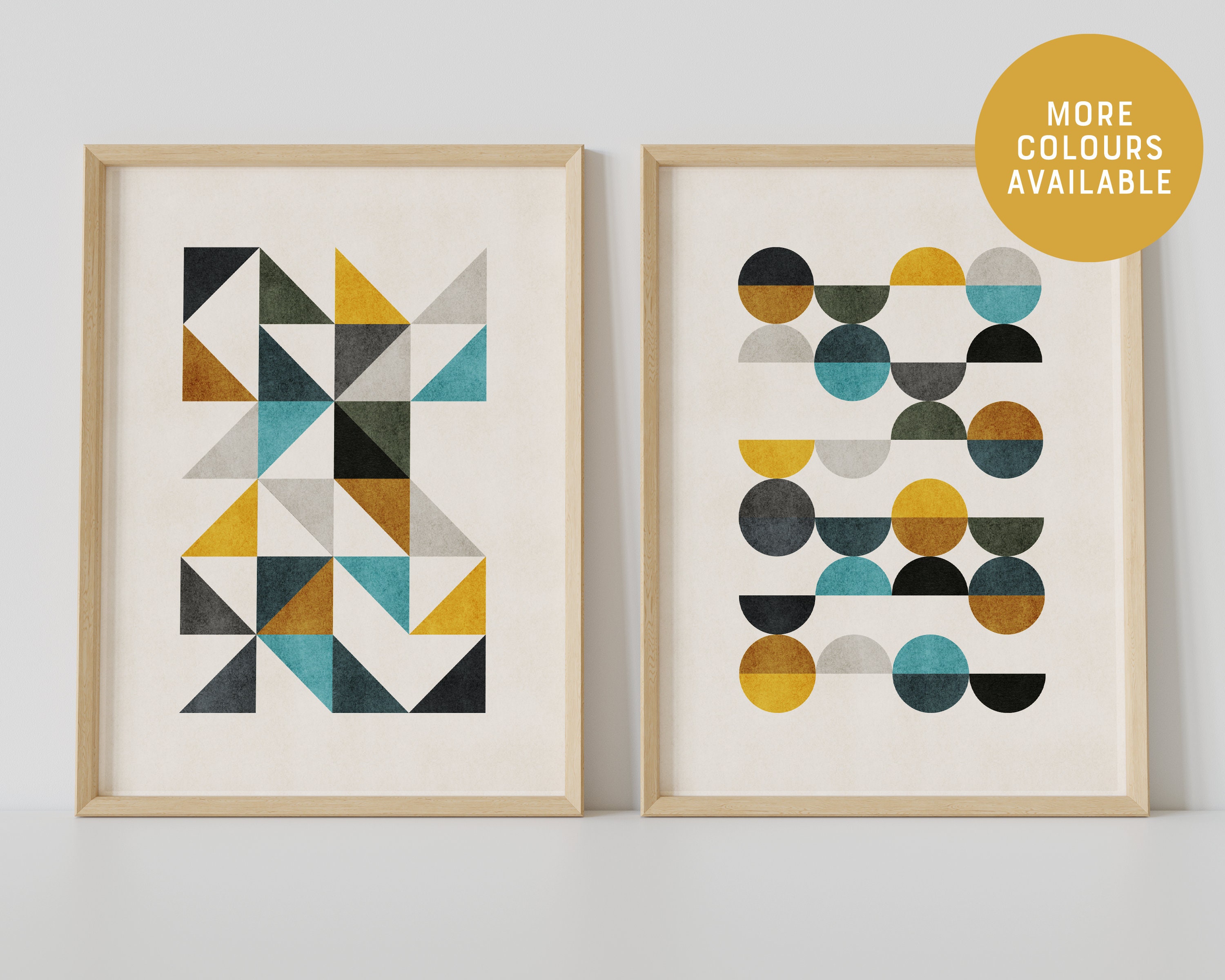 Set of 2 Vintage-style Geometric Art Prints - Olive/peach