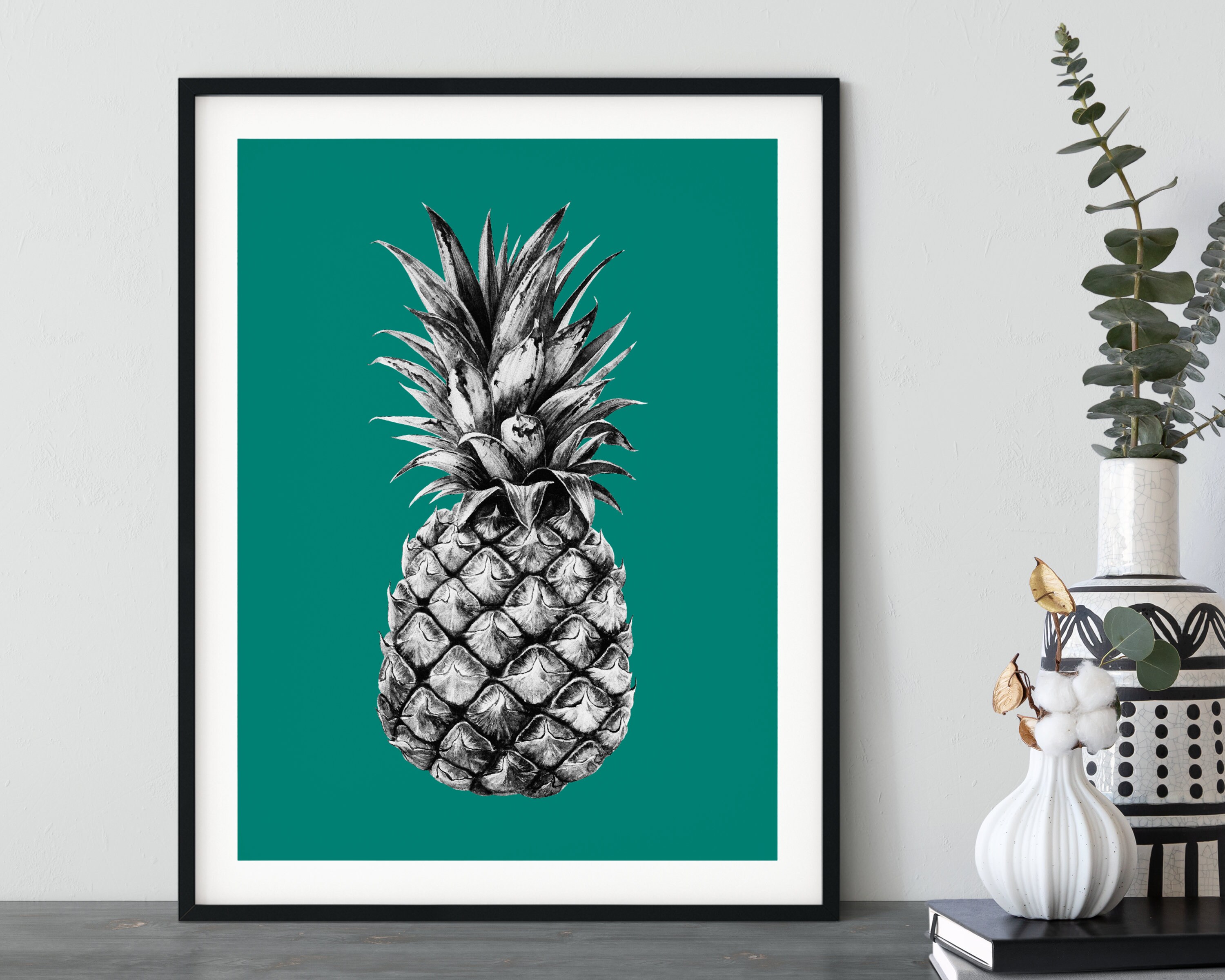 Pineapple Print | Block Colour Azure Blue | Modern Picture | Stylised Black and White Graphic