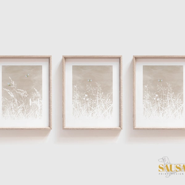 Set of 3 Bumble Bee Sketch Prints | Wildflower Silhouette Background | Beige Taupe Wall Prints