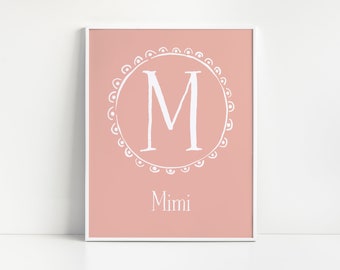 Personalised Name Print Pink| Nursery Playroom | Monogram Letter | Capital Letter Print | Stylised Circle Pale Pink Letter