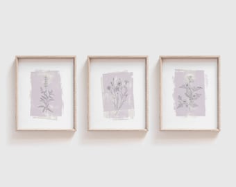 Set of 3 Boho-style Worn-Layered Paint Style Flower Prints  | Flower sketch distressed background | Lilac Pastel Purple Wall Prints