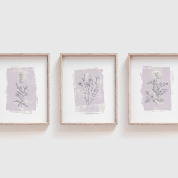 Set of 3 Boho-style Worn-Layered Paint Style Flower Prints  | Flower sketch distressed background | Lilac Pastel Purple Wall Prints