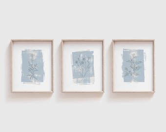 Set of 3 Boho-style Worn-Layered Paint Style Flower Prints  | Flower sketch distressed background | Pale Blue Pastel Wall Prints