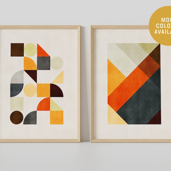 Set of 2 vintage-style Geometric Art Prints - Orange/Yellow (Design Set 1)