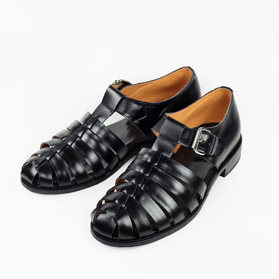 Black Men's Fisherman Leather Sandals in Matte Black - Etsy