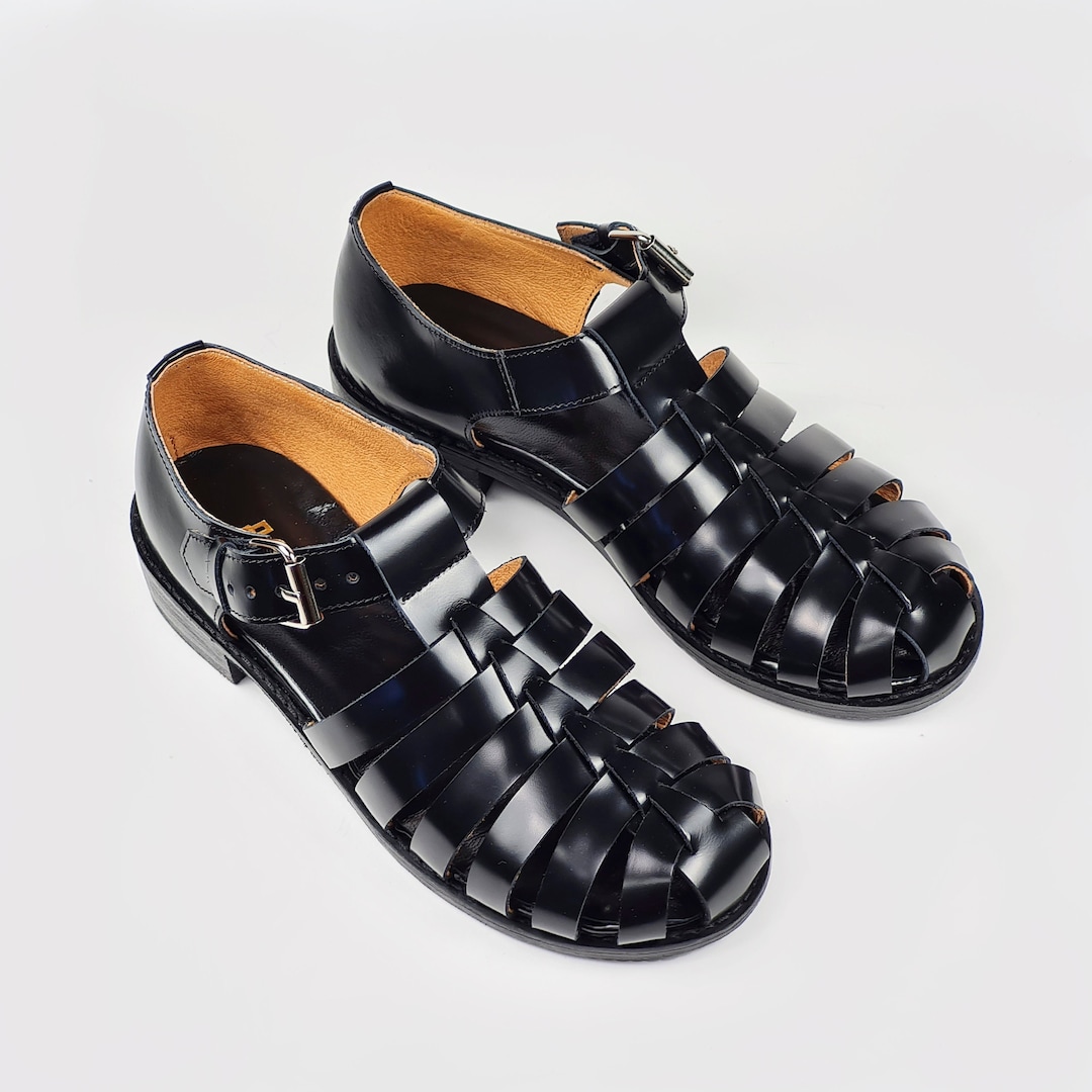 Black Handmade Shiny Leather Fisherman Sandals - Etsy