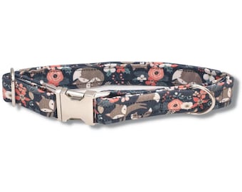 Floral Foxes Dog Collar, Handmade, Soft Cotton, Adjustable, Cute Dog Collar, Navy, Flowers, Lunar Sky Petware