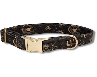 Black Celestial Dog Collar, Gold Hardware, Handmade, Soft Cotton, Adjustable, Black Dog Collar, Celestial Collar, Lunar Sky Petware