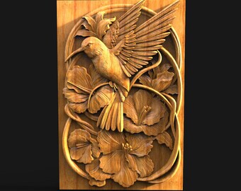 May include: A wooden relief carving of a hummingbird in flight, surrounded by hibiscus flowers and foliage. The hummingbird's wings are outstretched, and the details of the feathers and flowers are finely carved. The artwork is displayed on a rectangular wooden panel.
