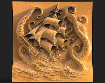May include: A detailed wooden carving shows a sailing ship fighting a giant octopus in rough seas. The artwork features intricate details of the ship's sails, the octopus's tentacles, and the waves, all in a warm, natural wood tone.