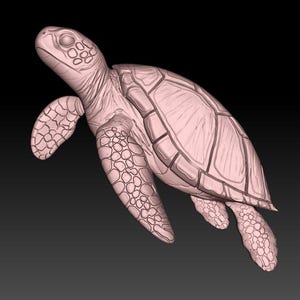 Op de afbeelding: Een lichtroze sculptuur van een zeeschildpad. De schildpad is afgebeeld in een zwemhouding, met uitgestrekte vinnen. De schild heeft een textuurpatroon en de kop en vinnen vertonen gedetailleerde kenmerken.