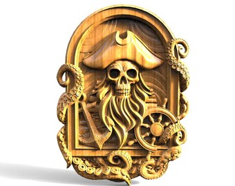 May include: A wooden carving of a pirate skull wearing a hat, surrounded by octopus tentacles, an anchor, and a ship's wheel.
