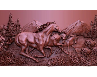Puede incluir: Una escultura en relieve 3D de tres caballos corriendo a través de un paisaje de montaña. Los caballos son marrones y se representan en una pose dinámica. El fondo presenta montañas, árboles y follaje.